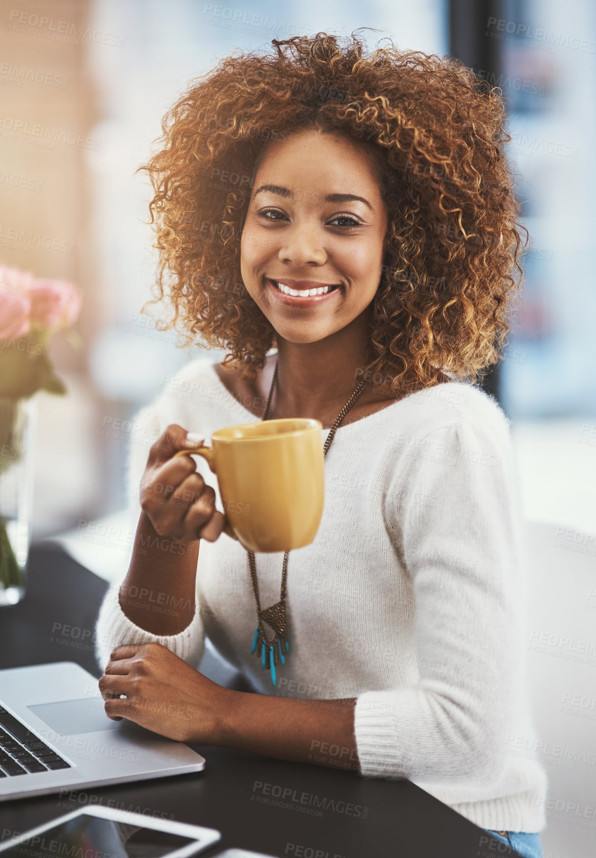 Buy stock photo Black girl, laptop and coffee in office with portrait, happy and online for media work in journalism. Woman, creative and beverage for drinking with relax by desk, entrepreneur and startup agency.