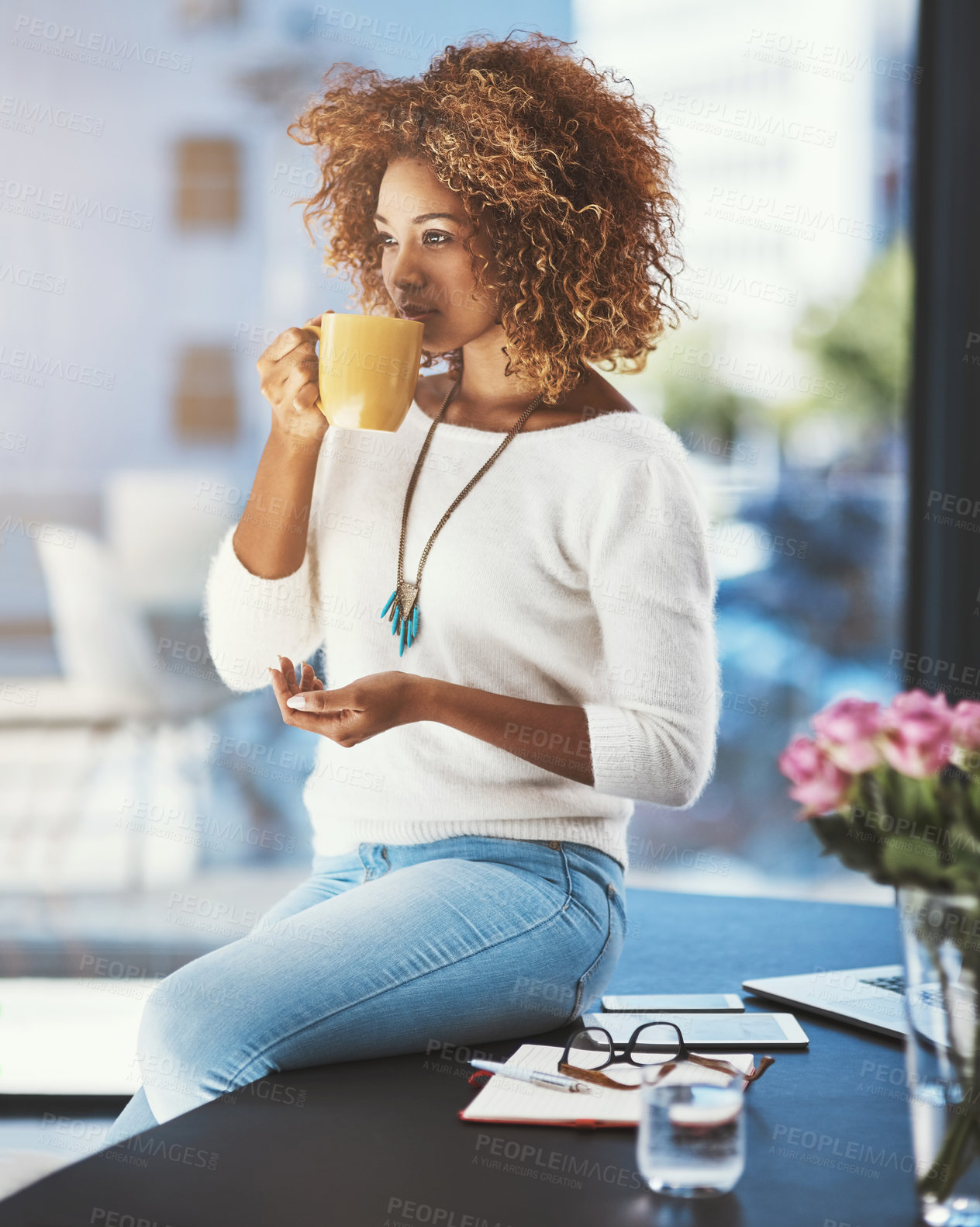 Buy stock photo Woman, coffee and office with creative thinking for story ideas, research and writing articles for agency. Female person, morning and thoughts with drinking beverage or professional development.