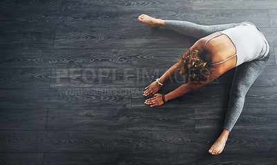 Buy stock photo Above, woman and yoga pose in studio for practice, balance and wellness in stretch or mockup space. Female person, performance and breathing for muscle, strength or energy in pilates class or session