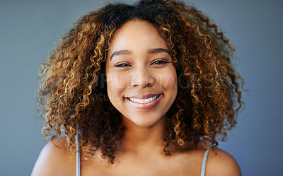 Buy stock photo Smile, African woman or portrait for beauty, hair care or natural afro style for skincare or face cosmetics. Gray background, healthy glow or happy model in studio with pride and confidence in Kenya