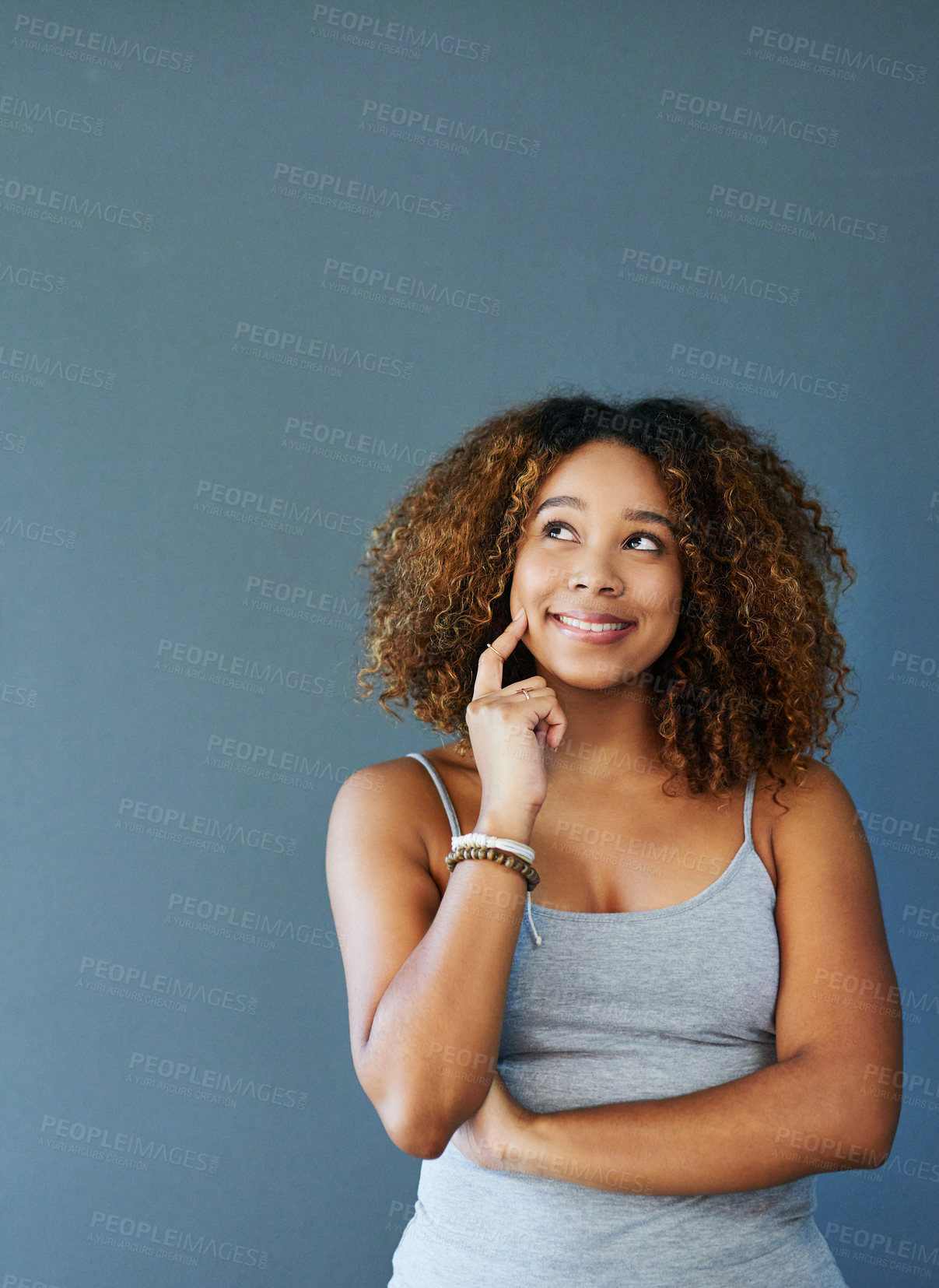 Buy stock photo Woman, thinking and studio for future inspiration, brainstorming and blue background. Female person, wondering and mockup space for reflection on change or transformation, dream and perspective