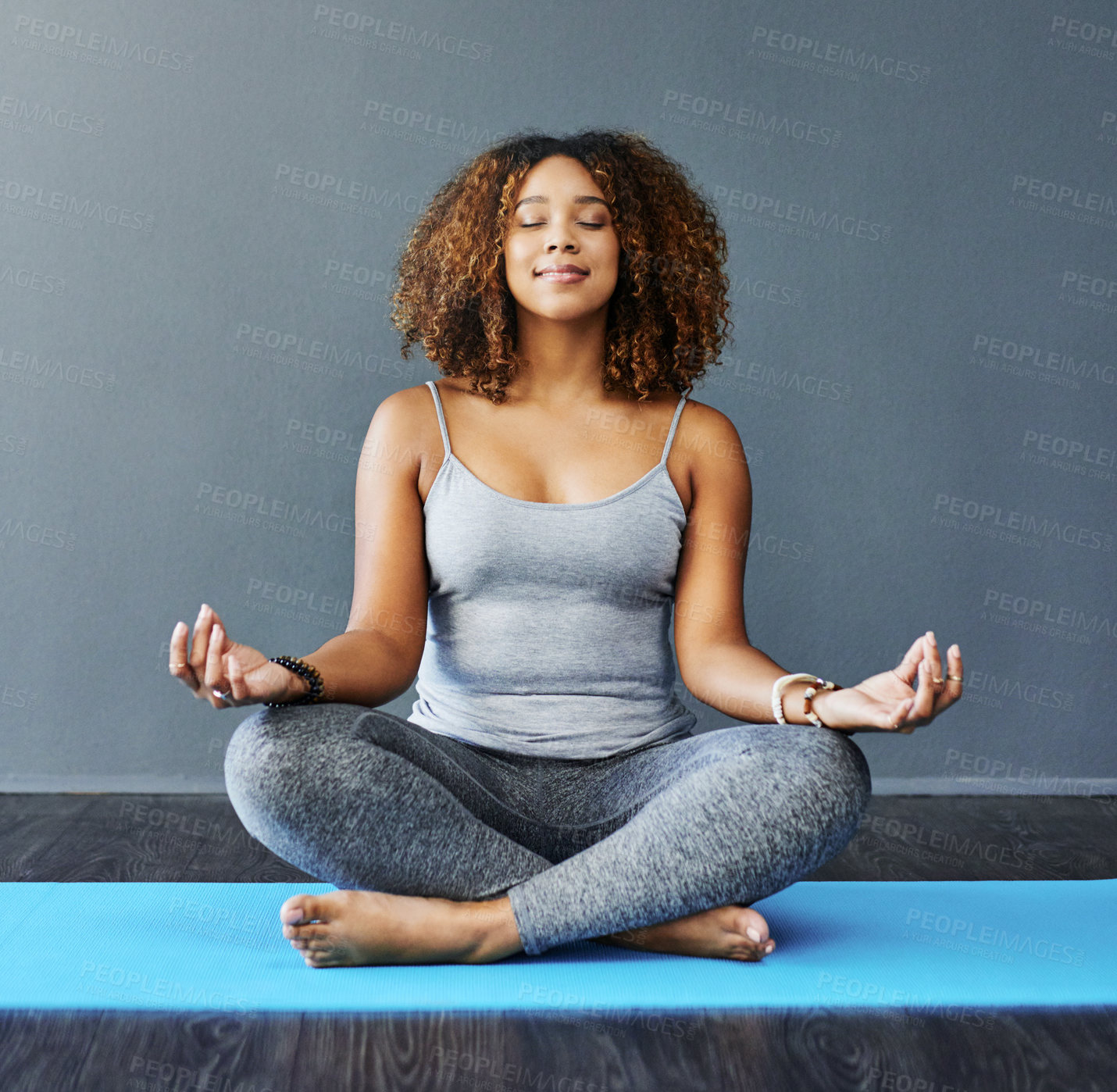 Buy stock photo Happy, woman and relax with meditation in home for holistic balance, awareness and inner peace. Calm, person and zen on mat with chakra healing exercise for spiritual, mindfulness and mental health