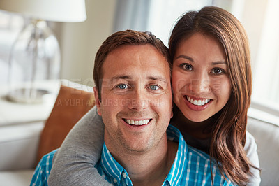 Buy stock photo Portrait of a happy young couple at home