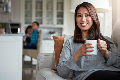 Buy stock photo Smile, portrait and woman with coffee on sofa for happiness, satisfaction or weekend break in living room. Lens flare, relax and female person with mug for peace, calm or drinking morning tea in home