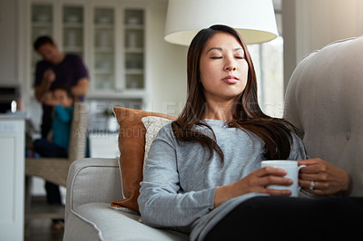 Buy stock photo Relax, coffee and woman with eyes closed on sofa for comfortable, satisfaction or weekend break in living room. Wellness, calm and female person with mug for peace, resting or morning tea in home