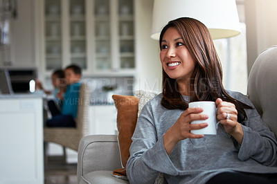 Buy stock photo Relax, thinking and woman with coffee on sofa for happiness, satisfaction or weekend break in living room. Peace, smile and person with mug for remember, memory or drinking morning tea in home