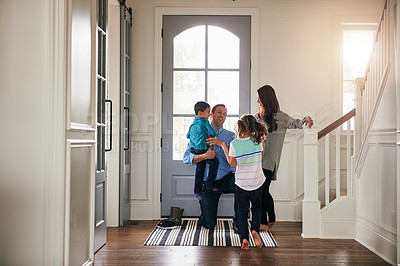 Buy stock photo Hello, door and parents with kids hug in home for greeting, welcome and bonding. Family, happy and mother, father and children in house embrace for affection, relationship and excited for return