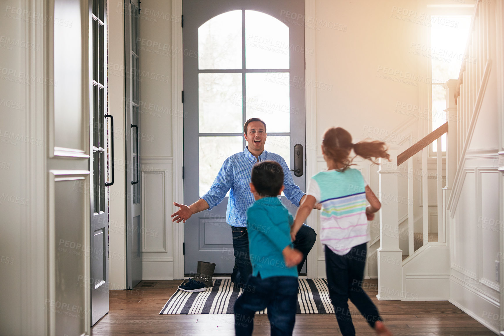 Buy stock photo Hello, door and father with children hug in home for greeting, welcome and bonding. Family, happy parent and dad with kids in house embrace for affection, relationship and excited for house return