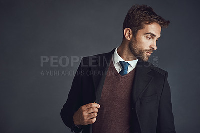 Buy stock photo Thinking, businessman and fashion with confidence, formal wear or career on studio background. Male person, style and trendy with pride, mockup space and professional in office clothes as accountant