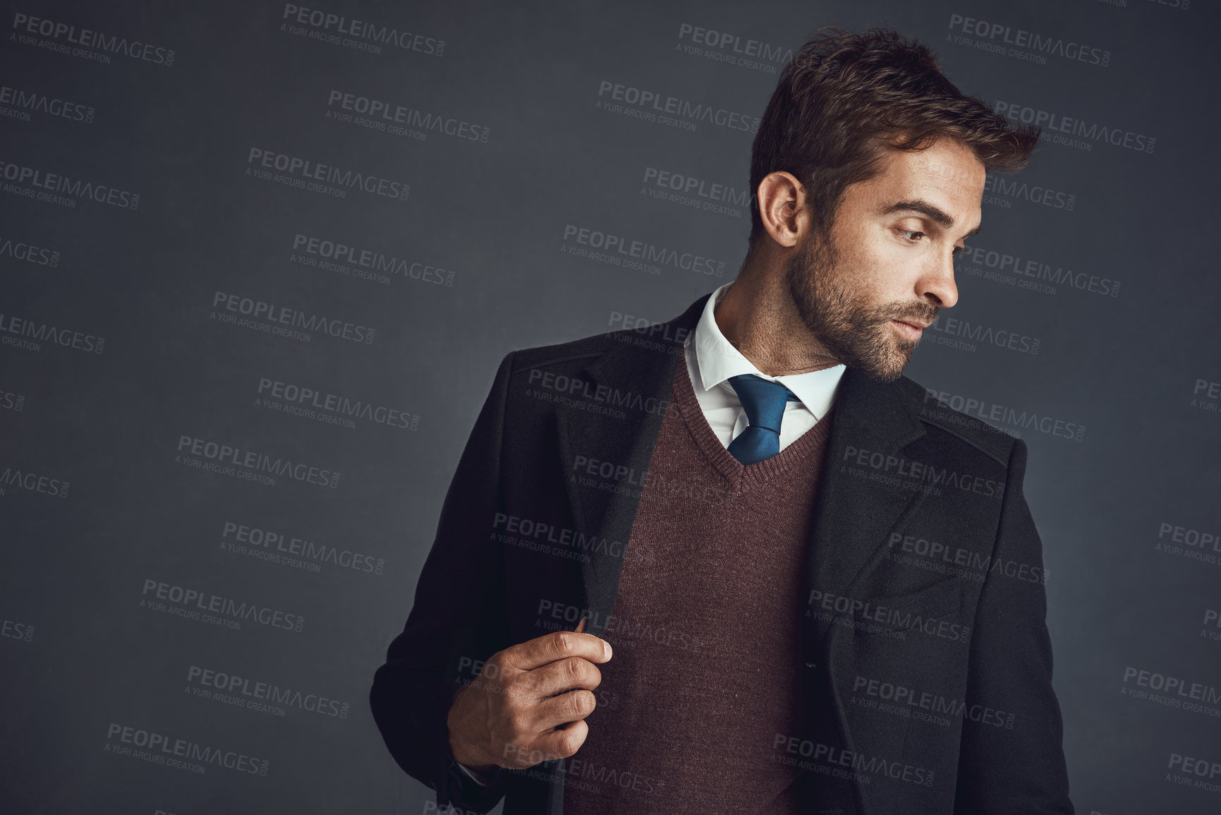 Buy stock photo Thinking, businessman and fashion with confidence, formal wear or career on studio background. Male person, style and trendy with pride, mockup space and professional in office clothes as accountant