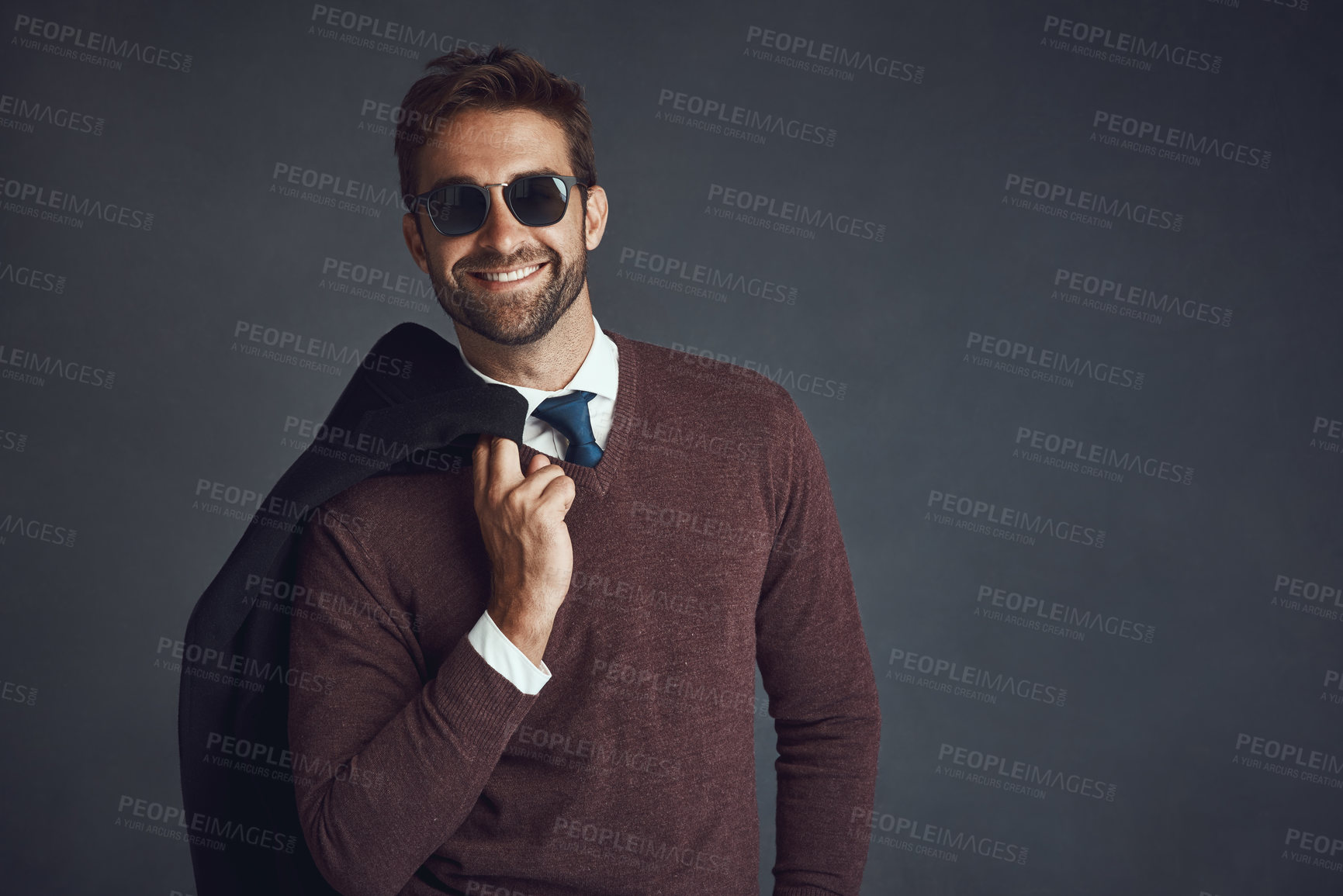 Buy stock photo Business, man and sunglasses for fashion in studio with smile on gray background as lawyer. Male person, mockup space and happy with confidence on career growth or opportunity with style and elegant