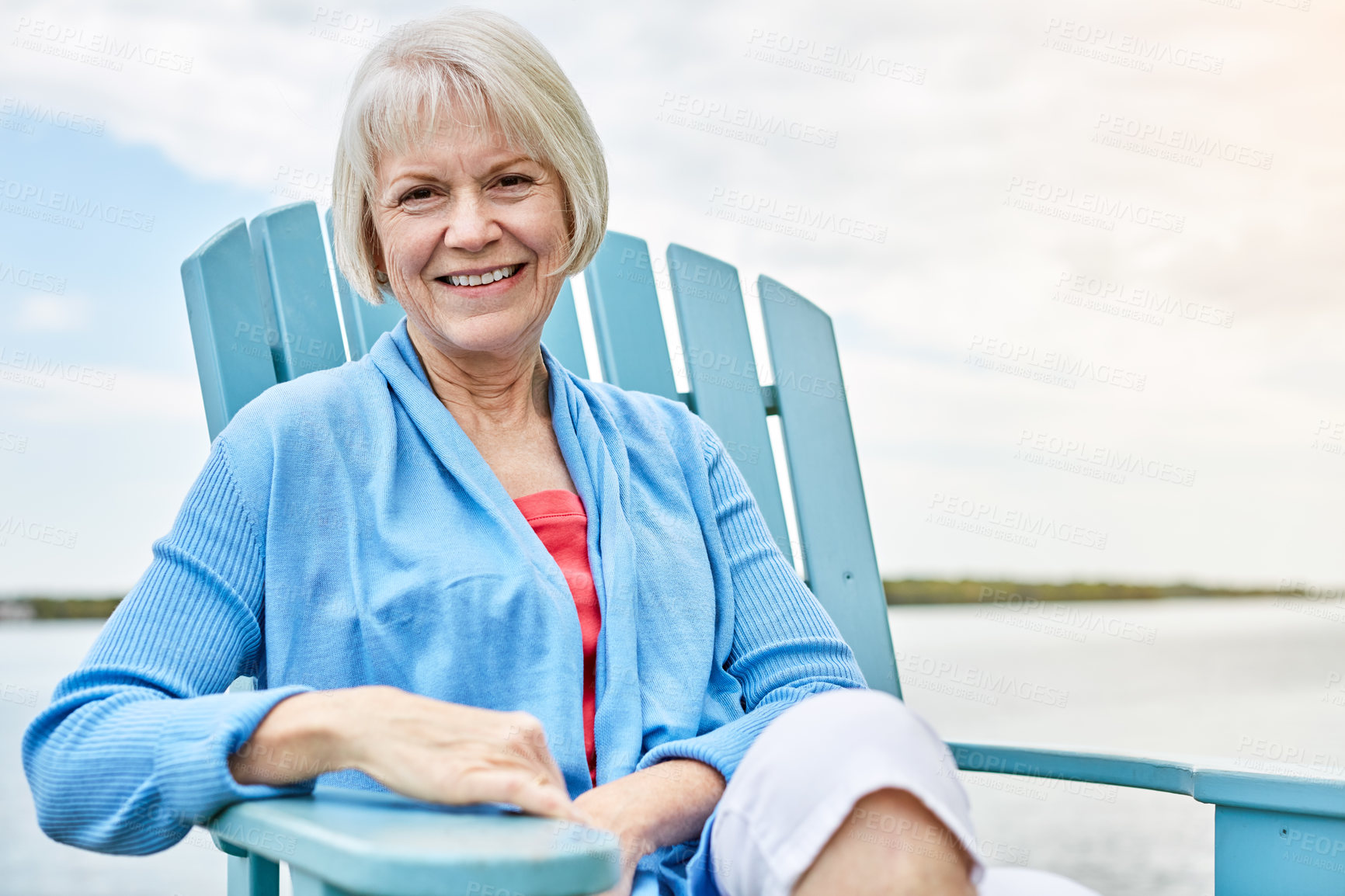 Buy stock photo Break, portrait and smile of old woman at lake in nature for holiday, retirement or vacation. Chair, relax and travel with happy senior person outdoor in summer for me time chilling, pause or unwind