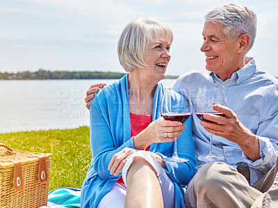 Buy stock photo Shot of a happy senior couple having a picnic together outside and toasting with wine