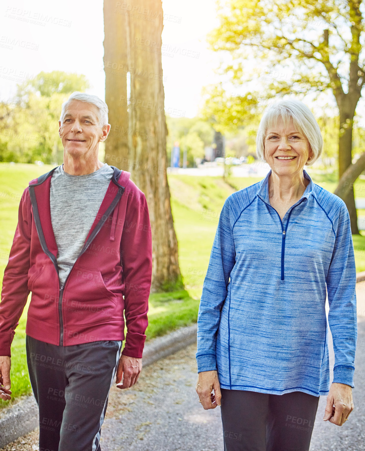 Buy stock photo Cropped shot of an affectionate senior couple taking a walk in the park during the summer