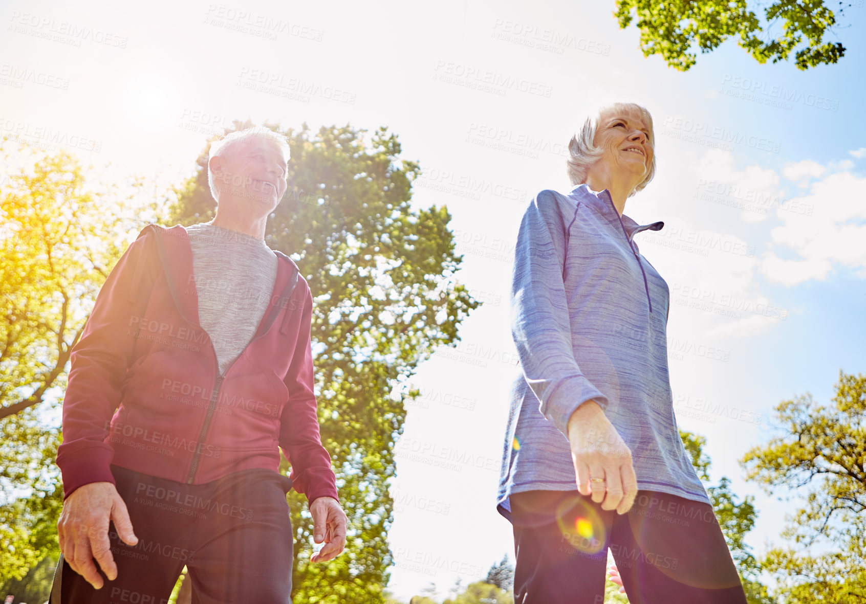 Buy stock photo Walk, life insurance and elderly couple in nature for retirement, security and love in park. Senior man, woman and together for support with low angle, happiness or fitness outdoors in Australia