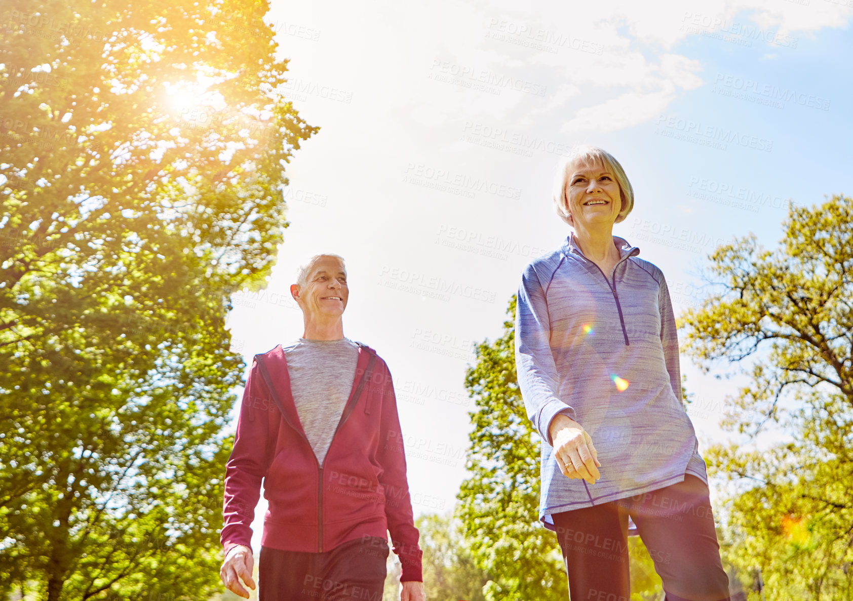 Buy stock photo Low angle shot of an affectionate senior couple taking a walk in the park during the summer