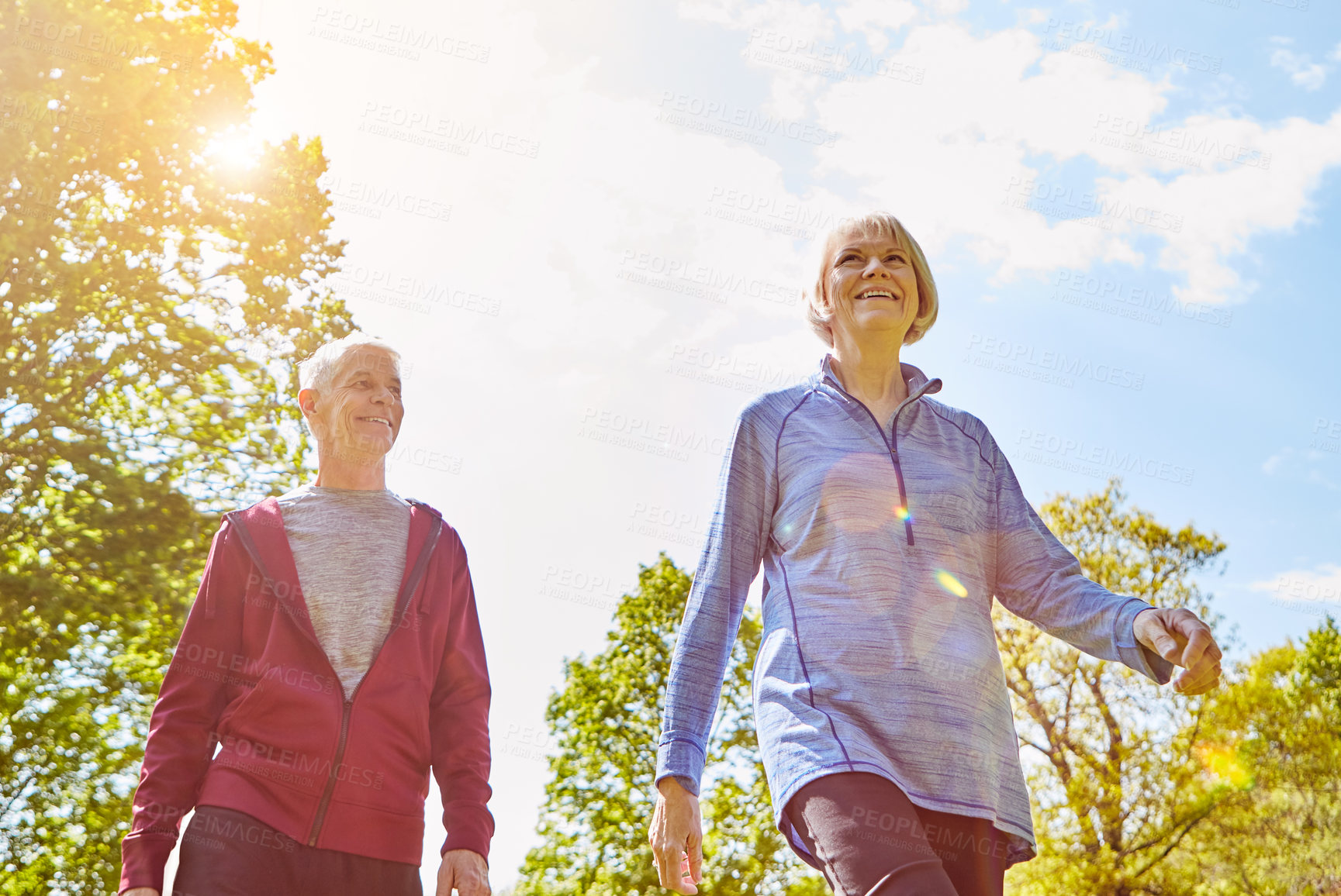 Buy stock photo Low angle shot of an affectionate senior couple taking a walk in the park during the summer