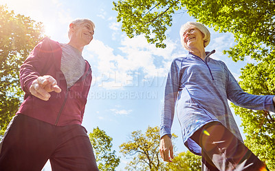 Buy stock photo Happiness, senior couple and life insurance in nature for retirement, security and walk in park. Elderly man, woman and together for support with leisure, laughing or fitness outdoors in Australia