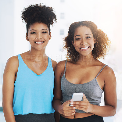 Buy stock photo Fitness, phone and portrait of yoga friends in studio together for health, healing or wellness. Exercise, health and smile with mindful pilates women in class for awareness, balance or inner peace