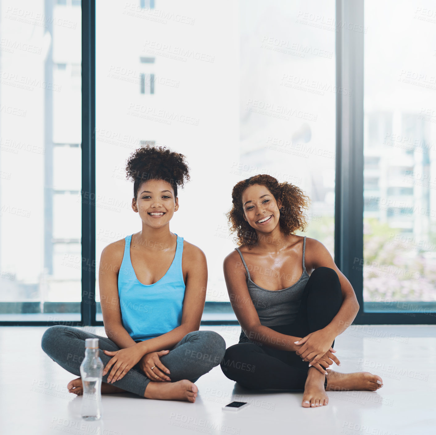 Buy stock photo Fitness, portrait and water with yoga friends in studio together for health, healing or wellness. Bottle, exercise and smile with mindful pilates women in class for awareness or balance and tired