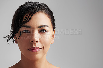 Buy stock photo Woman, portrait and beauty with makeup at salon for haircare, cosmetics or skincare on a gray studio background. Face of female person or model with wet hair for hygiene or facial treatment on mockup