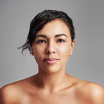 Buy stock photo Woman, portrait and beauty with skincare for haircare, cosmetics or makeup on a gray studio background. Face of young female person or model with wet hair for hygiene or treatment on mockup space