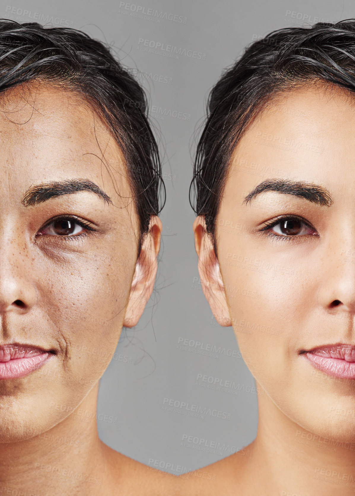 Buy stock photo Studio shot of a woman's face halved with one side old and one side young with wet hair against a gray background