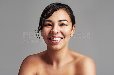 Buy stock photo Happy woman, portrait and beauty with skincare for cosmetics or makeup on a gray studio background. Young female person or model with smile for wet hair, hygiene or facial treatment on mockup space