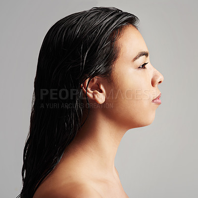 Buy stock photo Woman, profile and beauty with haircare, cosmetics or skincare salon on a gray studio background. Young female person or model with wet hair or shower for spa, hygiene or keratin treatment on mockup