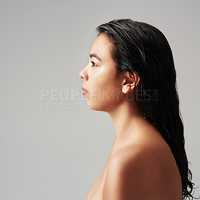 Buy stock photo Woman, profile and beauty with haircare, cosmetics or salon on a gray studio background. Young female person or model with wet hair or shower in spa wash, hygiene or keratin treatment on mockup space