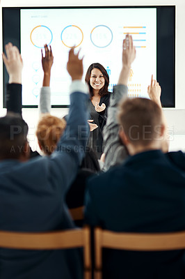 Buy stock photo Businesswoman, conference and hands up for questions in audience with graphs, review or presentation. Female person, coworkers and back in meeting convention for workshop, statistics or percentage