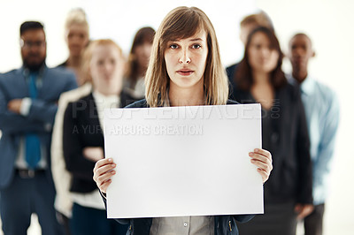 Buy stock photo Portrait, business woman and poster for advertising, mockup space or marketing. Face, sign and professional with board for promo or commercial of serious team isolated on a white studio background