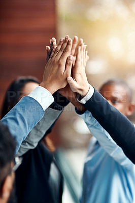 Buy stock photo Business people, hands and high five for teamwork, collaboration and team building. Group, solidarity and employees with hand together for cooperation, support and synergy, motivation and celebration