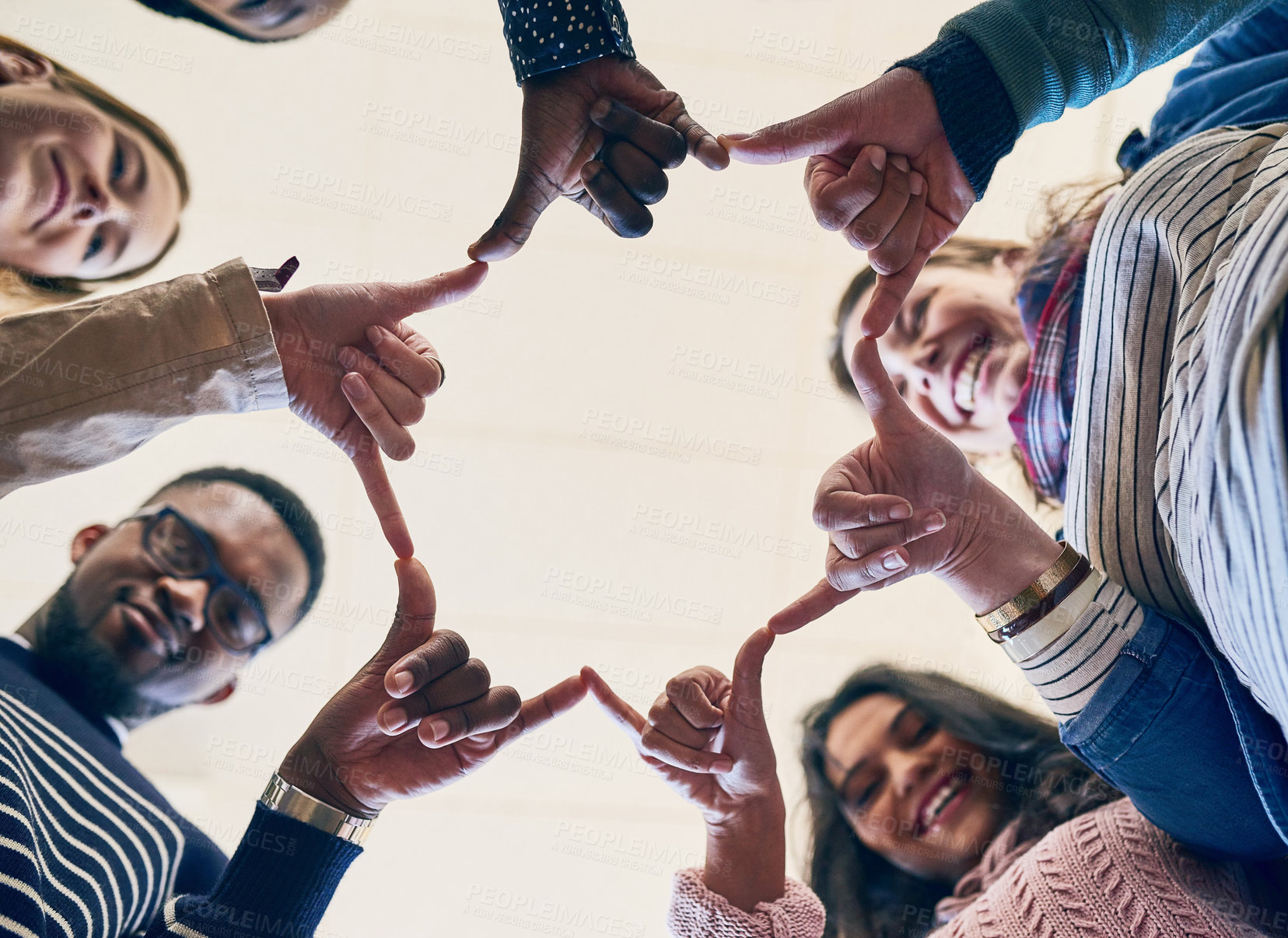 Buy stock photo Students, circle and portrait with hands, star or happy for link, connection and low angle at college. People, diversity and shaka sign with smile, learning or solidarity with education at university