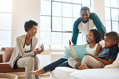 Buy stock photo Black family, book and children with reading on couch with smile, care and learning for language in home. African parents, people and storytelling for connection, bonding and relax in pajamas on sofa