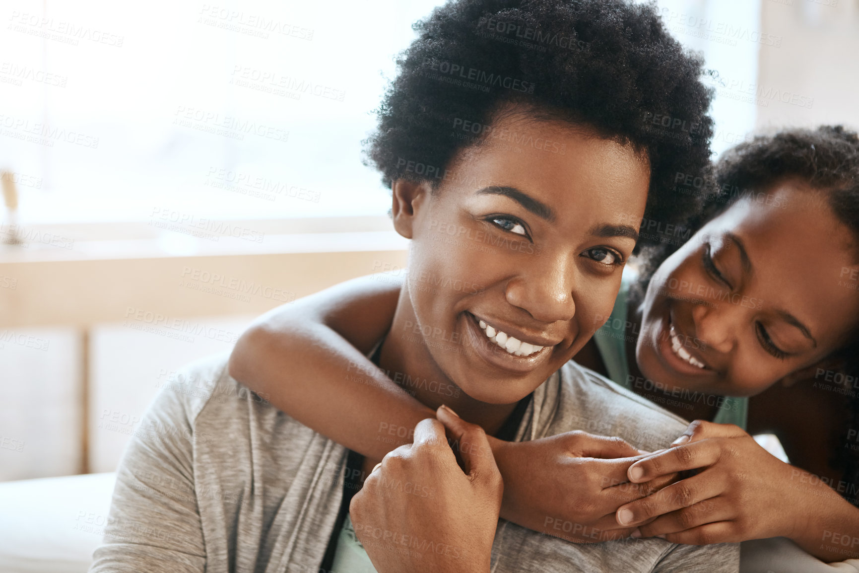 Buy stock photo Happy woman, young girl and portrait with hug in growth for development, relationship and family with support. Mother, daughter and bonding in home for childhood, affection and trust for child care