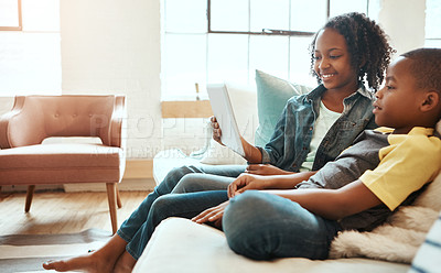 Buy stock photo Happiness, tablet and siblings on sofa, social media and bonding in living room, weekend and connection. Love, black brother and sister with device, watching funny videos and search internet for game