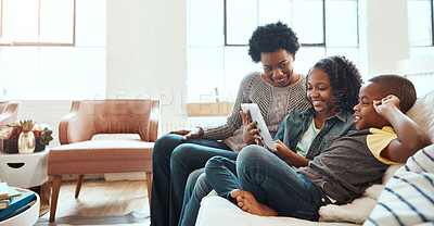 Buy stock photo Family with tablet, streaming and relax at family home together, spending quality time together with technology. Black people, mother and children on sofa with device, internet wifi and social media