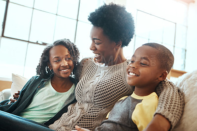 Buy stock photo Love, mother and children relax sofa for happy family time together in apartment in South Africa on weekend. Smile trust and support, black woman and kids sitting on couch with healthy relationship.