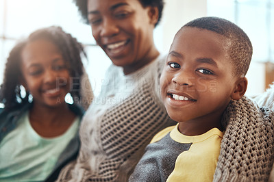Buy stock photo Love, portrait of mother and children bonding on sofa for happy family time together in apartment in South Africa. Smile, trust and support, black woman and kids on couch with healthy relationship.