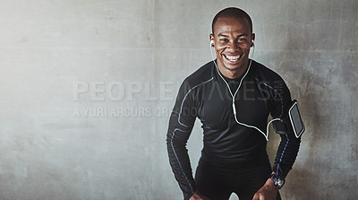 Buy stock photo Man, portrait and music for fitness outdoor with listening, podcast or exercise for healthy body with mockup. Athlete, african person or earphones with arm pouch for phone, radio or happy for workout