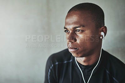 Buy stock photo Man, thinking and music for fitness outdoor with face, listening to podcast or exercise for healthy body. Athlete, african person and earphones with audio, radio and sound for workout on mockup space