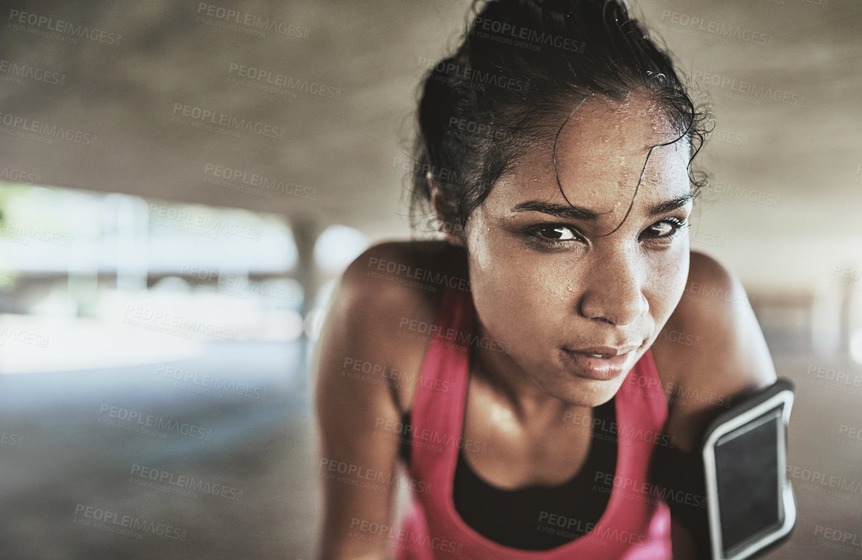 Buy stock photo Woman, portrait and runner sweating in outdoor, cardio break and wet from workout training. Female person, sports athlete and fatigue for morning fitness, tired and urban exercise, rest and breathe