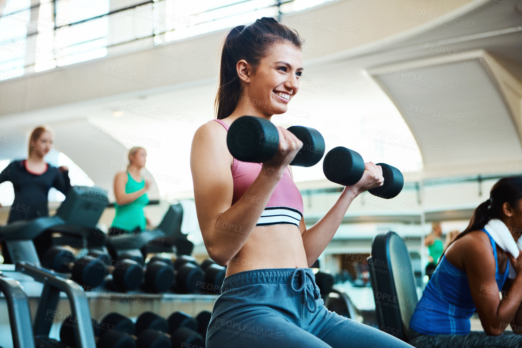 Buy stock photo Cropped shot of attractive young women working out with dumbbells at the gym