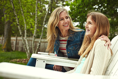 Buy stock photo A happy mother and daughter spending time together outdoors