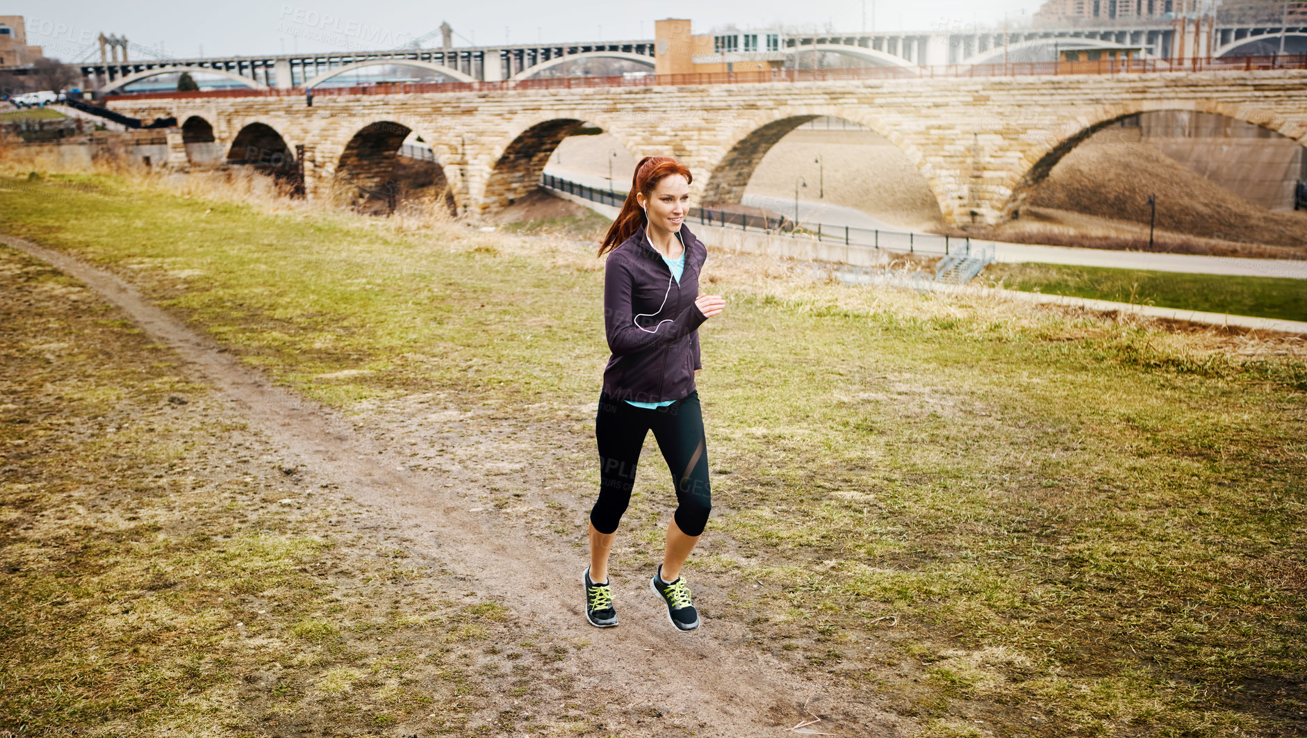 Buy stock photo Speed, girl and running by bridge in nature, endurance and race with fitness in Germany. Training, female runner and preparation for marathon, challenge and healthy living with workout outdoor