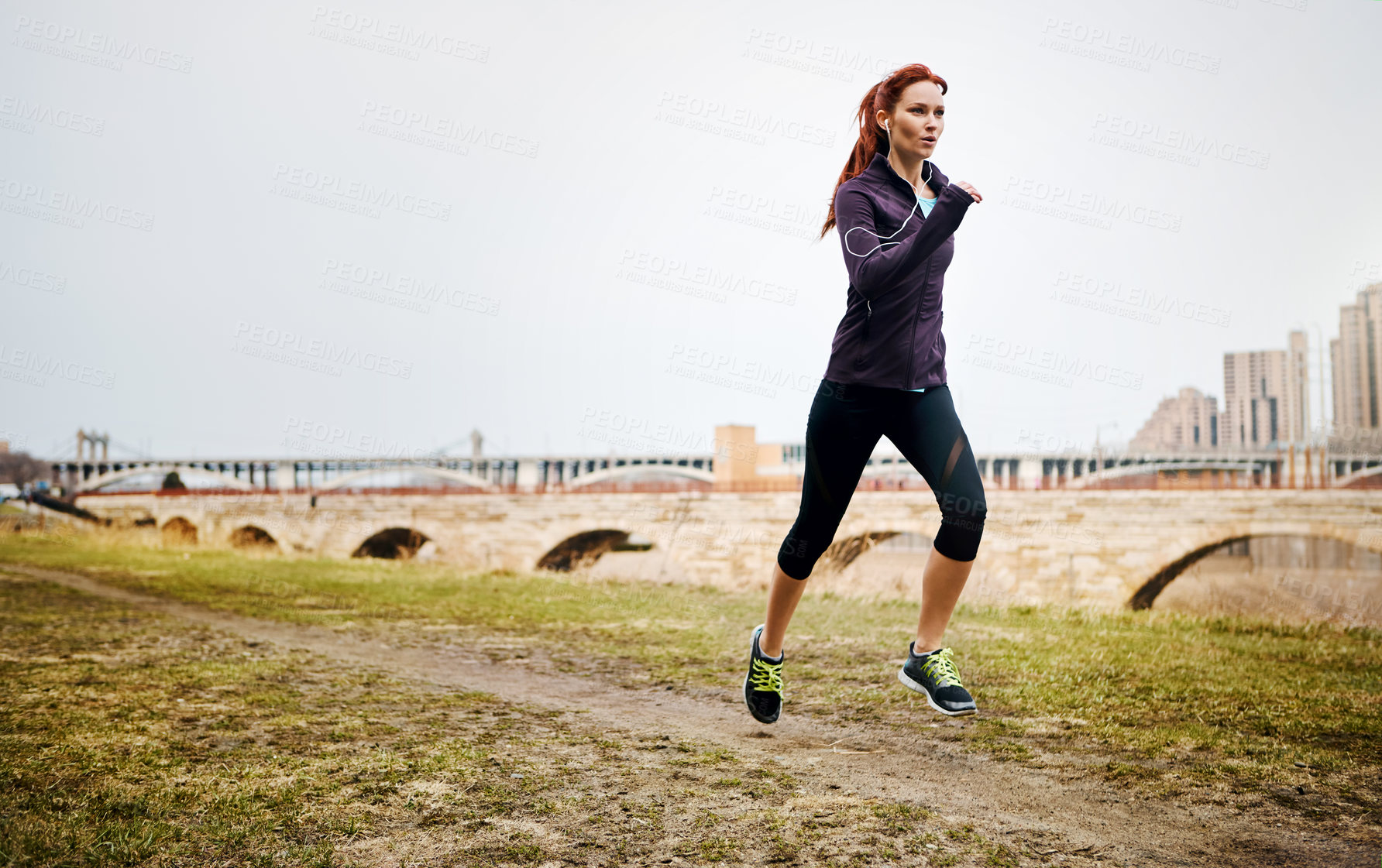 Buy stock photo Endurance, girl and running by nature outdoor, speed and exercise with fitness in Germany. Training, female runner and preparation for marathon, challenge and pace with workout in city by mockup