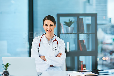 Buy stock photo Female doctor, laptop and arms crossed in portrait for patient, medicare or healthcare in clinic. Woman smile, pc and happy at desk for research, consulting or online communication for telehealth