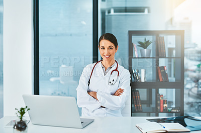 Buy stock photo Woman doctor, laptop and confident in portrait for medical, medicare or healthcare in clinic. Female person, computer and happy at desk for research, telehealth or online communication in office
