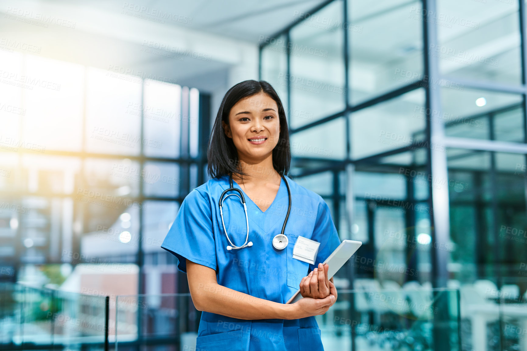 Buy stock photo Health care, confidence and woman, portrait of nurse or doctor with tablet in hospital for support in medical work. Healthcare career, wellness and medicine, confident nursing professional with smile